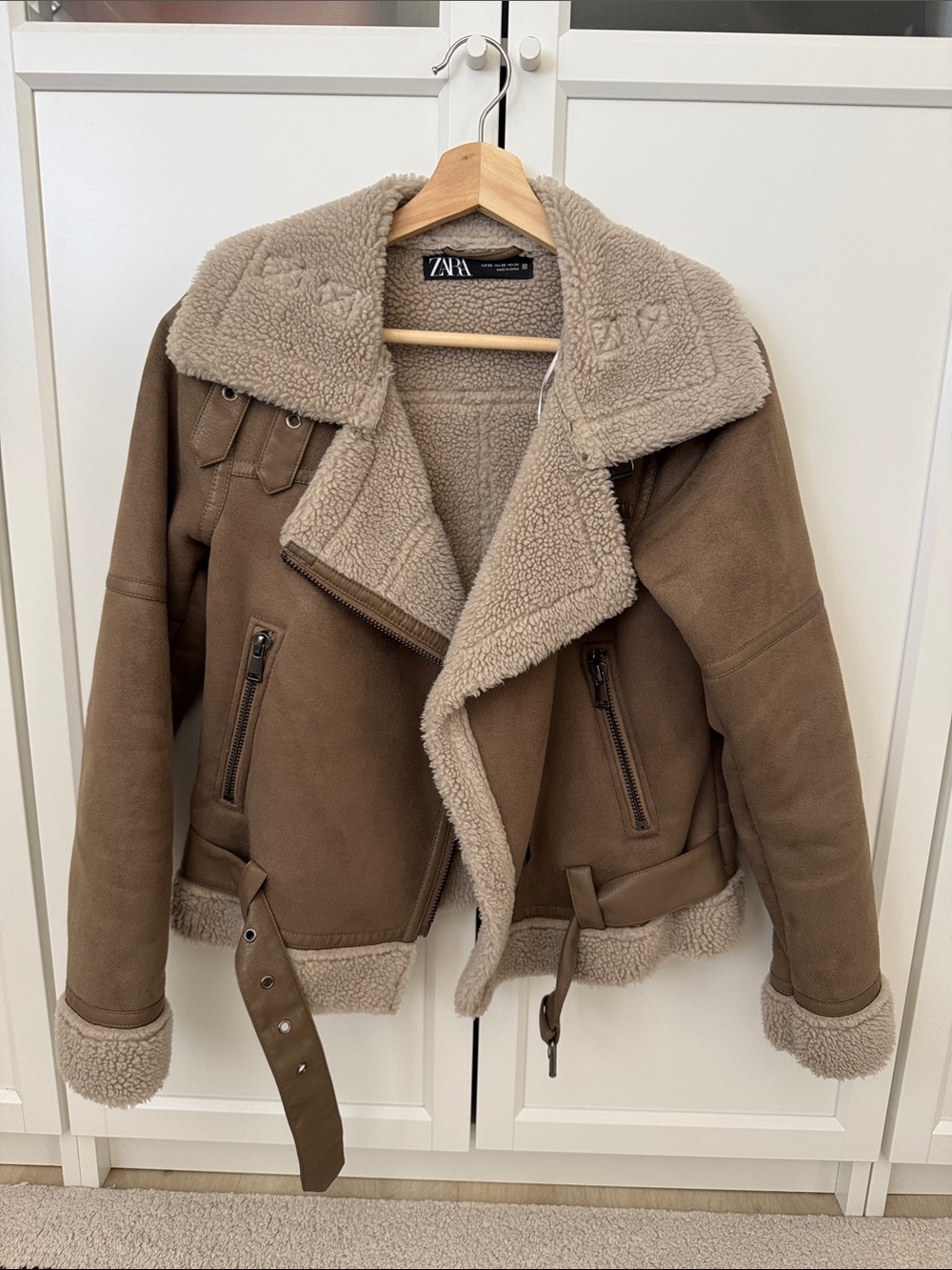 ZARA Brown Taupe Faux Shearling Moto Jacket